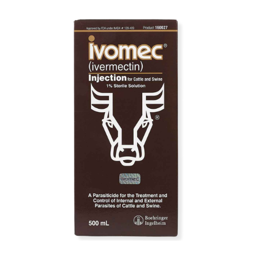 IVOMEC ivermectin 1% injection 500 mL bottle for cattle and swine.