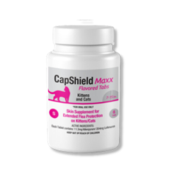 CapShield Maxx© Flavored Tabs - Feline 7-15 lbs. 6ct. CapShield, Maxx, Flavored, Tabs, Feline, Plus, scored, tuna, flavored, tablet, 7-15, lbs., pounds,  more, precise, economical, dosing, options, Color, coded, eliminate, confusion, dosing, multiple, cats, pets, dogs, same, household, labels, weight, bands, Skin, Supplement, Extended, Flea, Protection, combination, Nitinpyram, Lufenuron, growth, inhibitor, IGR, stay, blood, stream, system, 30, days, thirty, fleas, blood, feed, meal, not, reproduce, sterilize, introduce, long-term, animal’s, environment, sun, breaks, down, yard, sprays, bedding, blankets, beds, furniture, vacuum, American, made, USA