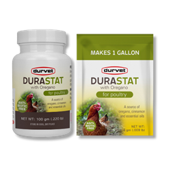 Durvet® DuraStat with Oregano Durvet®, Healthy, Flock®, DuraStat, Oregano, poultry, chicken, supplies, antibiotic, alternative, poultry, stimulate, water, intake, small, flocks, source, energy, essential, oils, stimulate, water, consumption, appetite, during, disease, conditions, shipping, weather, change, stress, All, natural, alternative, stimulate, enhance, immunity, antibiotics, not, desired, cinnamon, essential, oils, easy, One, scoop, packet, per, gallon, drinking, soluble, products